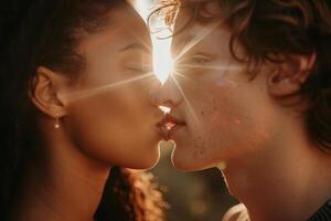 AI generated Close up of young couple kissing with sunburst between their lips, passionate kiss pic photo