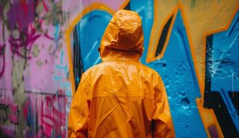 AI generated An orange raincoat with colorful graffiti on it, celebrate artistic day photo