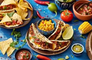 AI generated Mexican food on blue background with corn chips salsa, mexican dishes picture photo