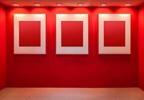 ai generado habitación pared embellecido con Tres rojo marcos, creativo mundo Arte Foto