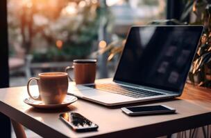 AI generated A laptop and mobile device on a tabletop, labour day banner photo