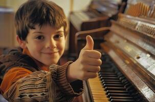 AI generated A boy gives a thumbs up at a piano showing he happy with his performance, artistic celebrations idea photo