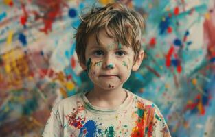 AI generated A young boy in big with paint mixed up in the air, world art day image photo