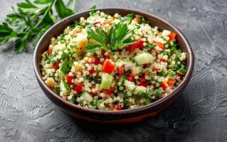 AI generated A bowl of couscous salad on a plain grey surface, tasty mexican dish image photo