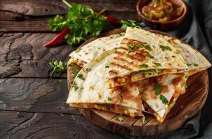 ai generado quesadillas en un de madera mesa, vistoso mexicano comida foto