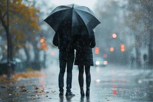 AI generated A couple standing under an umbrella in the rain, international kissing day image photo