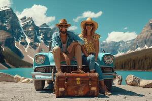 AI generated Happy couple with suitcase sitting on the hood of a vintage car, road trip concept photo