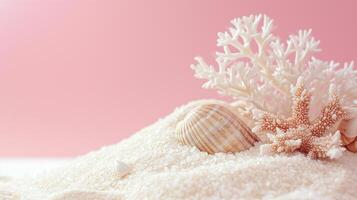 AI generated Seashells and corals on the sand with a pink background. photo