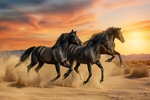 ai generado Tres agraciado negro caballos Galopando a través de el Desierto foto