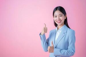 AI generated business woman smile and show thumbs up isolated on pink background, asian photo