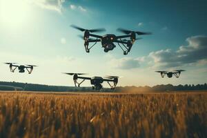 AI generated a group of drones flies low over a field photo
