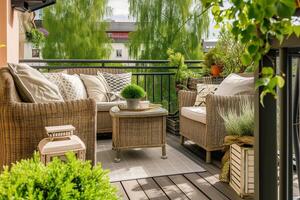 AI generated cozy patio balcony, seating area with wicker furniture and many plants photo