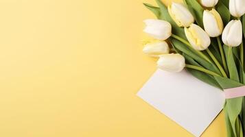 AI generated pale yellow background with a bouquet of white tulips and a greeting card, free space for text photo
