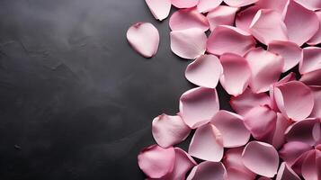AI generated Beautiful background with pink rose petals on a gray concrete background. Romance, Love, Valentine's Day, International Women's Day. photo