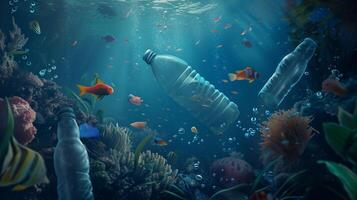 AI generated plastic bottles float in the ocean with fish and corals, environmental protection concept photo