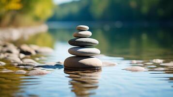 ai generado pila de zen piedras en el lago costa. zen concepto foto