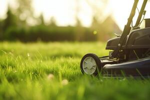 AI generated Lawn mower cutting grass in the garden. Gardening background photo