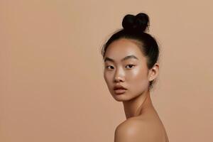 AI generated portrait of a young Asian woman with tied hair on her head and bare shoulders on a beige background photo