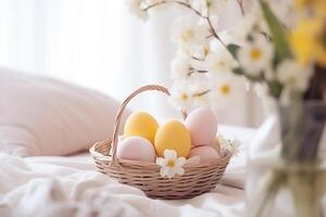 ai generado en un brillante vivo habitación en un mesa con un blanco Manteles, un mimbre cesta con Pascua de Resurrección huevos en pastel colores foto