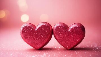 ai generado dos rosado corazones en un rosado antecedentes con destellos San Valentín día antecedentes foto