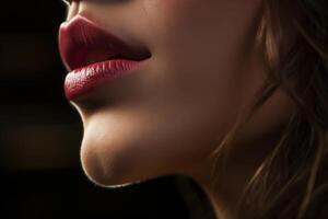 AI generated female lips with red lipstick, close-up photo