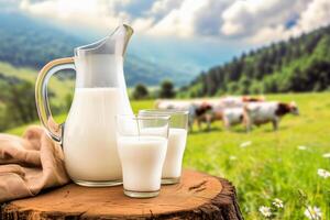 ai generado Leche jarra con lentes de Leche en un de madera antecedentes con pasto vacas en el antecedentes foto