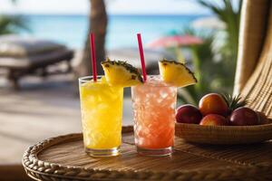 ai generado delicioso cócteles en un mimbre mesa en contra el fondo de un tropical playa foto