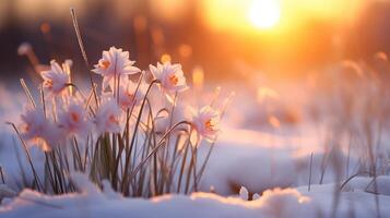 ai generado narciso flores en un Nevado prado a atardecer, primavera antecedentes foto