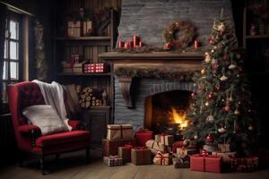 AI generated Beautiful Christmas tree in a cozy room near the fireplace and gifts photo