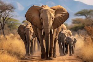 ai generado un grupo de majestuoso elefantes camina a lo largo el africano sabana, mundo fauna silvestre día foto