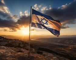 AI generated Israel flag on a flagpole on a hill against the background of dawn photo