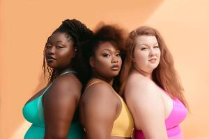 AI generated portrait of three smiling plump women of different nationalities in swimsuits, body positivity concept photo