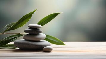 AI generated zen basalt stones and green bamboo on grey background, spa concept photo