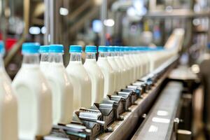 ai generado Leche botellas en un transportador cinturón en un lechería fábrica. foto