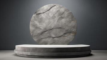 AI generated 3D rendering of a marble podium on a gray concrete stage for a product presentation in a minimalist style photo