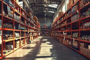 AI generated Warehouse or storehouse with rows of shelves and racks for storing goods photo