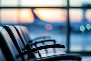 AI generated rows of empty seats in an airport waiting room against a background of a panoramic window overlooking airplanes photo