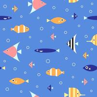 Seamless pattern with different colorful fish in the sea. Vector print, cover, background, card design