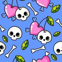 Cute skull vector seamless pattern on white with hearts and flowers. Multicolor Skulls background