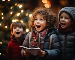 ai generado alegre niños canta villancicos en el calle foto