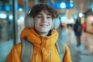 AI generated teenage boy in headphones listens to music at a metro station. photo