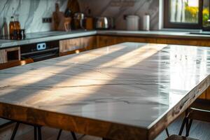 AI generated large kitchen table in the interior of a modern kitchen, selective focus photo