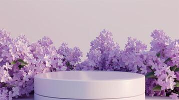 AI generated White podium for product display with lilac flowers on a lilac background photo