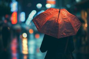 ai generado mujer con un rojo paraguas en el lluvia en un noche ciudad calle, posterior ver foto