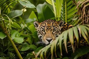 ai generado hermosa jaguar ocultación en el tropical bosque foto