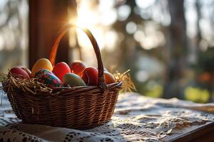 AI generated multi-colored Easter eggs in a wicker basket on a table with a willow sprig, Easter mood photo