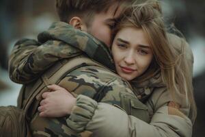 AI generated A young sad girl hugs her military boyfriend and sees him off to war photo