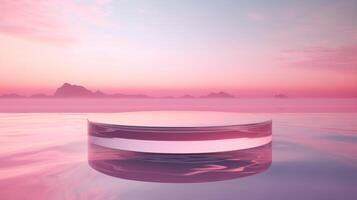 ai generado 3d representación de un rosado podio en el superficie de el agua a puesta de sol foto