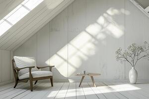 AI generated interior of an empty white living room in the attic with a skylight and an armchair photo