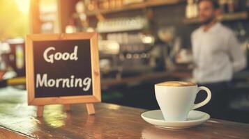 AI generated Coffee cup and chalkboard with good morning text on table in cafe photo